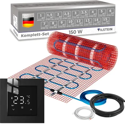 Produktbild von VILSTEIN® Elektrische Fußbodenheizung [150W/m²] - Bodenheizung Elektrisch geeignet für Laminat, Fliesen & mehr - Elektro Fussbodenheizung - Elektrische Heizmatte Fußboden - Thermostat schwarz (8x0.5m - 4qm)