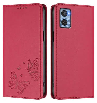 Produktbild von Lederhülle für Motorola Moto E22 / E22i, Schmetterling Prägung Leder Brieftasche Schutzhülle mit Ständer Rot