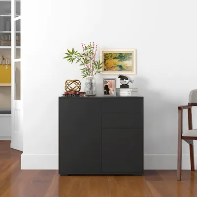 Produktbild von Aufbewahrungsschrank mit 2 Schubladen, 2 Türen, mit Kippschutz, für Wohnzimmer, Schlafzimmer, 79 x 36 x 74 cm, Schwarz, verstellbar