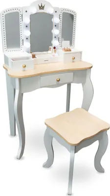 Immagine prodotto di Mamabrum XXL Tavolino da toilette in legno per bambini con sgabello - Illuminazione a LED, specchio a 3 pezzi