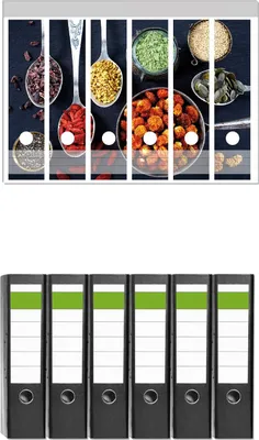 Produktbild von Wallario 6 Stück breite Ordner inkl. Klebeetiketten mit Motive Gesunde Superfoods in Töpfen -  Set mit Rückenschildern / Ordnerrücken Stickern