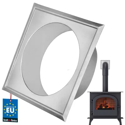 A square metal flange with a circular opening, shown at an angle, with a small stove and chimney in the background. A tag with the 'Made in EU' logo is attached to the flange.