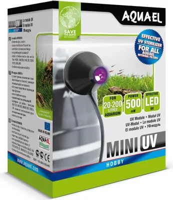 The image shows the retail packaging of an Aquael MINI UV hobby aquarium sterilizer.