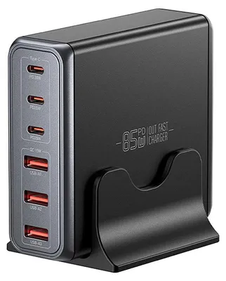 Produktbild von ESSAGER 85W GaN USB Ladegerät 6-Port (3xUSB-C/3xUSB-A) PD3.0 QC4.0 PPS Schnellladegerät Ladestation EU-Stecker für iPhone Huawei Xiaomi Oppo Vivo