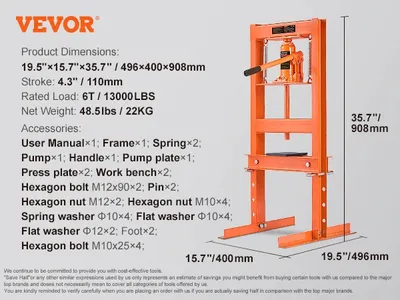 Image de Presse hydraulique d'atelier, capacité de charge 6 tonnes, dimensions compactes, 6 tonnes