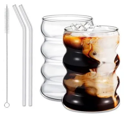 Obrázok produktu pre Sada dvoch pohárov na Latte Macchiato, objem 320 ml, so sklenenými slamkami a reliéfnym povrchom