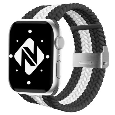 Immagine prodotto di Bracciale sportivo intrecciato NALIA, compatibile con cinturini Apple Watch Ultra/SE e serie 8/7/6/5/4/3/2/1, 42mm 44mm 45mm 49mm, cinturino per orologio iWatch da donna e da uomo, in nylon, colore: nero e bianco