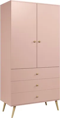 A pink wardrobe with two doors and three drawers, standing on wooden legs.