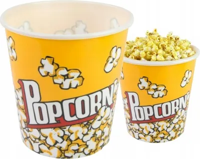 Two popcorn buckets, one full of popcorn and one empty, are shown against a white background.