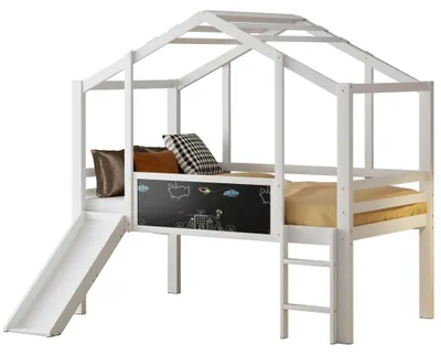Productafbeelding van Kinderbed 90 x 200 cm - Hoogslaper - Speelbed - Stapelbed - Videbed - Massief Hout - Glijbaan en Krijtbord