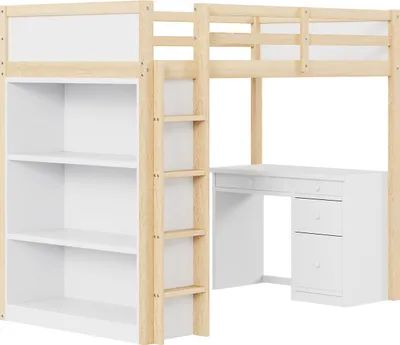 Produktbild von Hochbett,Kinderbett,Einzelbett(Natur)mit Aufbewahrungsschränken und Computertisch,multifunktionales Hochbett aus Holz