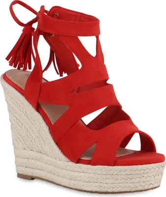 Produktbild von VAN HILL Damen Keilsandaletten Sandaletten Bast Quasten Cut-Outs Schuhe 841372, Farbe: Rot, Größe: 37