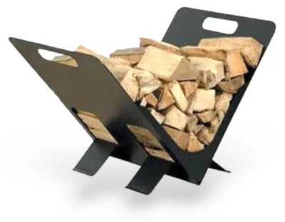 Zdjęcie produktu dla Nowoczesny stojak na drewno do kominka, wykonany z lakierowanego kutego żelaza, idealny do wnętrz, wytrzymały i funkcjonalny, wymiary 38 x 30 x 27 cm