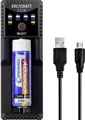 Image de VOLTCRAFT CC1A Chargeur de piles NiMH, LiIon, LiFePO, NiCd Mignon (AA), Micro (AAA), Baby (C), 10440, 10500, 12500, 12650, 13650, 14500, 14650, 16340 (CC1A)