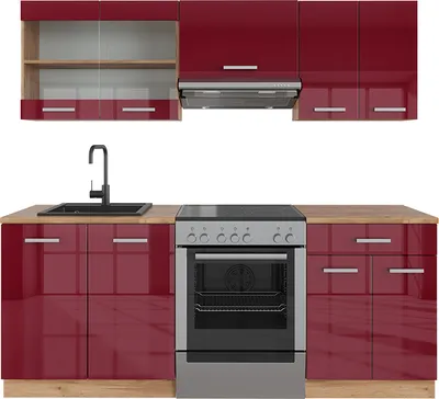 Produktbild von Vicco Küchenzeile R-Line, 200 cm ohne Arbeitsplatte, Bordeaux Hochglanz/Eiche Gold