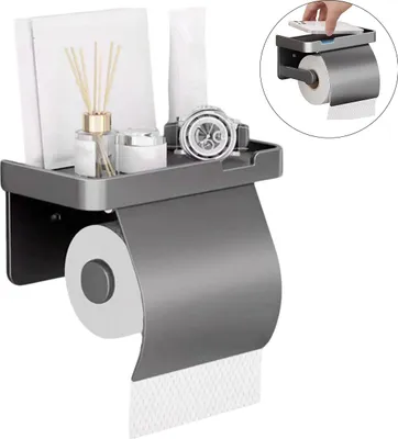 Produktbild von Toilettenpapierhalter Wandmontage, Schwarz Aluminium, 2-in-1 Ablage, Badezimmer Zubehör, Wasserfest, Ohne Bohren, Rollen- & Boxpapier