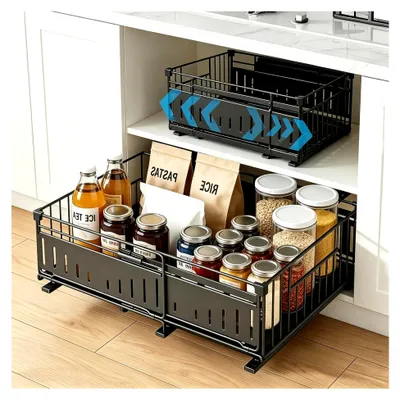 Produktbild von Teleskopschublade für die Küche, Ausziehbarer Schrankorganizer, Ohne Bohren, Breitenverstellbar von 32-50 cm