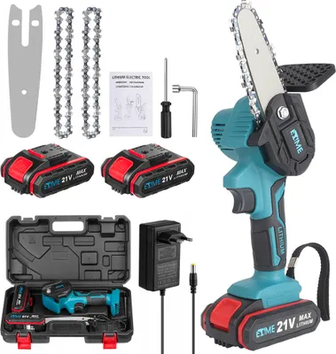 Produktbild von Mini Kettensäge, 4 Zoll Mini Kettensäge Elektro mit 2 Akku, Kabellose Tragbare Einhand-Kettensäge für Gartenscheren Astschere Holzschneidenz