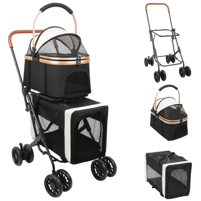 Produktbild von Hundebuggy Haustierwagen Haustierbuggy mit Sicherheitsgurt für 2 Hunde, (2-tlg)，Schwarz