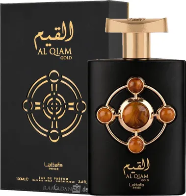 A black perfume bottle and its packaging are displayed against a black background.
