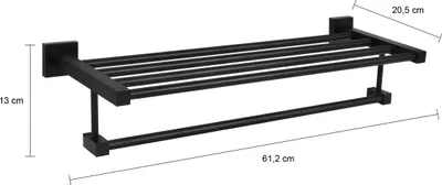 Produktbild von QUVIO Handtuchhalter - Mit 1 Stange + 1 Ablage - Handtuchhalter - Handtuchhalter - Geschirrtuchhalter - Für die Wand - Mit extra Ablage für Zubehör - Mit Schrauben - Schwarz - Aluminium - 20,5 x 61 x 13 cm