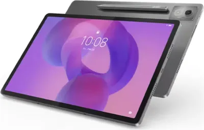A tablet computer is shown at an angle on a white background. The screen displays the time and a colorful abstract image.