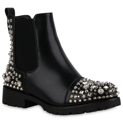 Zdjęcie produktu dla Mytrendshoe Damskie Botki za kostkę Chelsea Botki Block Heel Nit Rhinestones Shoes 835422, Kolor: Czarny, Rozmiar: 36