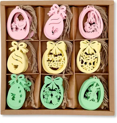 Produktbild von Holz Dekohänger 5 x 7cm Oster-Mix 54 Stück Anhänger Osterdeko Osterhase Osterei