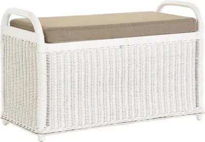 Produktbild von KRINES HOME Rattan Sitzbank Sitzhocker mit Stauraum Rattanhocker mit Deckel Hocker (Groß Weiß)