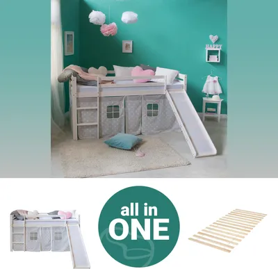 Produktbild von Homestyle4u Kinder Hochbett 90x200 weiss mit Lattenrost Rutsche Sternen