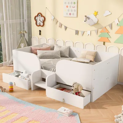 Zdjęcie produktu dla Łóżeczko dziecięce 90x200 cm z 2 szufladami, rozkładana sofa dziecięca z barierą ochronną i elastycznym stelażem, łóżko piętrowe drewniane z drabiną, białe