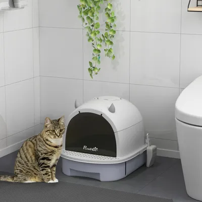 Produktbild von Katzentoilette mit Deckel, geschlossenes Katzenklo mit Schaufel, Eingangspedal & Bodenschublade, Kunststoff, Grau | 52 x 40,5 x 39 cm | bis 5 kg