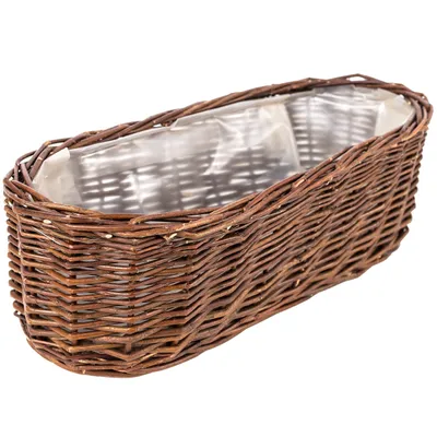 Zdjęcie produktu dla Creative Home Doniczka Wiklinowa ciemna z folią | 35x11x11 cm (+/- 2 cm) | ręcznie pleciona | owalna osłonka na doniczkę | na kwiaty, rośliny