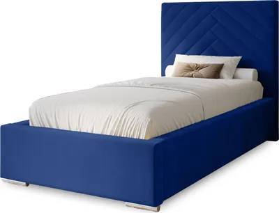 Produktbild von Polsterbett Aura 90x200 cm, Bett mit Kopfteil, Doppelbett mit Bettkasten, Lattenrost und Matratze aus Holz, Velourstoff: Dunkelblau