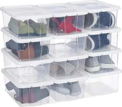 Produktbild von 24 x Schuhbox Kunststoff, stapelbar, durchsichtige Aufbewahrungsboxen mit Deckel, HxBxT: 12,5 x20 x 34,5 cm, weiß