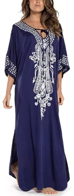 Image de Omgoods - Robe longue pour femmes, style bohème, en coton, coupe ample, kaftan bleu