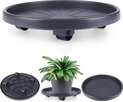 A collage of images showing a dark gray rolling plant stand from different angles, including one with a potted plant on it.