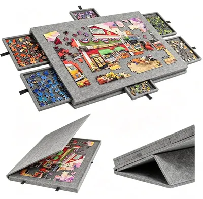 Obrázek produktu pro Puzzleová deska pro 1000 dílků, s 6 zásuvkami, naklápěcí, s podložkou z filcu, středně šedá barva, určená pro skládání puzzle