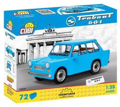 The image shows the packaging of a Cobi Trabant 601 toy car model, with the toy car prominently displayed in front of a Brandenburg Gate illustration.