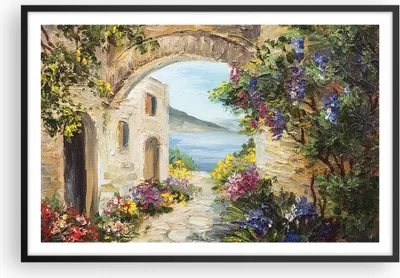 Produktbild von Gerahmtes Poster - Schwarzer Rahmen - Haus Santorini Blumen - 91,5x61 cm - Wand Bild - Wanddeko - Wandbilder - Kunstposter - Wandposter - Bilderrahmen - Bilder - Kunstdruck - Wandbild P2BAA91x61-4191