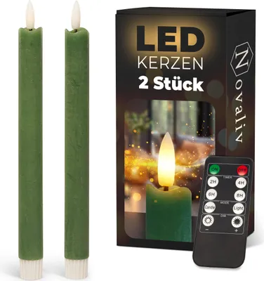 Produktbild von Stabkerzen LED mit Timer Grün 2er indoor mit 6 Stunden Timer - ECHTWACHS 23cm Höhe für Kerzen 2,2cm Durchmesser 2 AAA Batterien notwendig LED Stabkerzen flackernde Flamme bewegliche Flamme