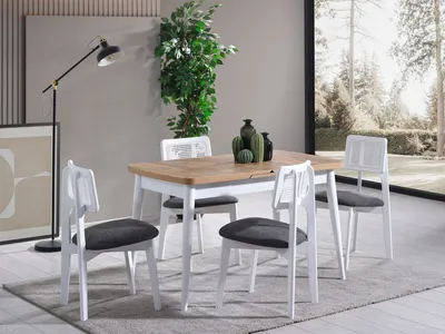 Produktbild von Skye Decor, Milla - White, Natural, Set aus ausziehbarem Esstisch und Stühlen (4-teilig), Weiß, 100 % BUCHENHOLZ, 156 x 70 x 75 cm