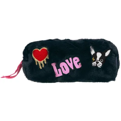 Produktbild von Depesche 10684 TOP Model Federmappe Schwarz flauschig, Herz Love Hund Patches, 22 x 12 x 9 cm 100% Polyester