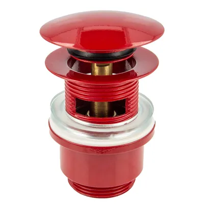 A red pop-up drain assembly for a sink, shown against a white background.