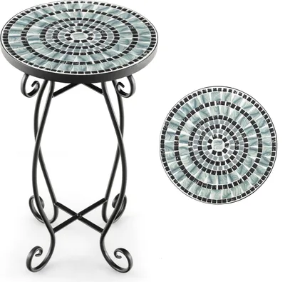 A mosaic side table and a separate view of its tabletop, presented on a white background.