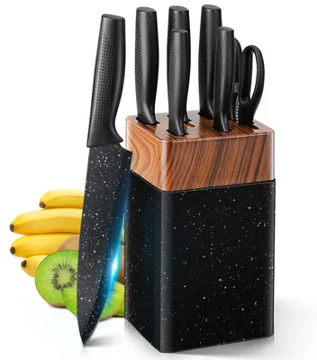 Immagine prodotto di Set di coltelli da cucina, 7 pezzi, con base portacoltelli, colore: nero, include: base portacoltelli, coltello da chef