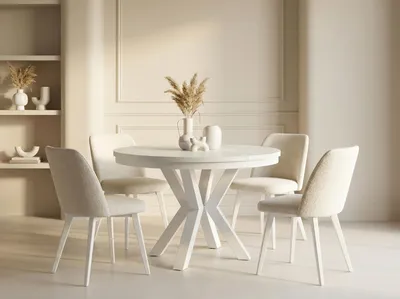 Produktbild von Runder Ausziehbarer Esstisch im Loft-Stil - Industrieller Tisch mit Weißen Metallbeinen - Platzsparender Tisch für Wohnzimmer - Weiß - 120 bis 200 cm