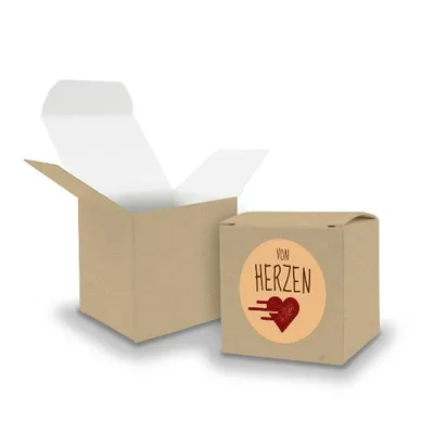 Produktbild von SET von HERZEN (Motiv14) 24x Faltschachtel Würfel 6,5cm BRAUN + Sticker