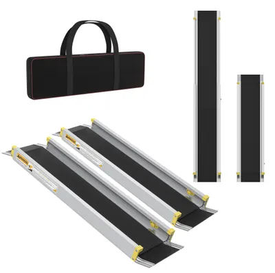 Zdjęcie produktu dla Zestaw 2 sztuk ramp dla wózków inwalidzkich, wykonanych z aluminium, teleskopowych, o długości 74,5–122 cm, z torbą transportową. Antypoślizgowa, wysuwana rampa teleskopowa, wytrzymała do 272 kg. Mobilna rampa przeznaczona do wózków inwalidzkich, wózków elektrycznych i chodzików