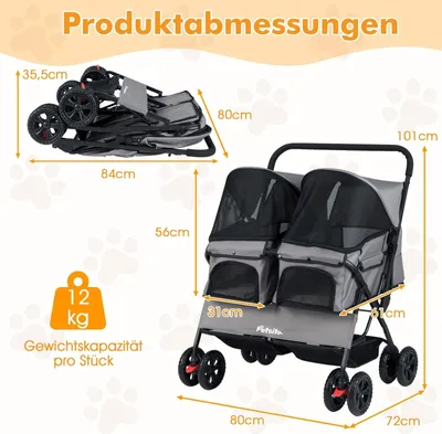 Produktbild von Doppelter Haustierbuggy mit verstellbarem Verdeck, Grau